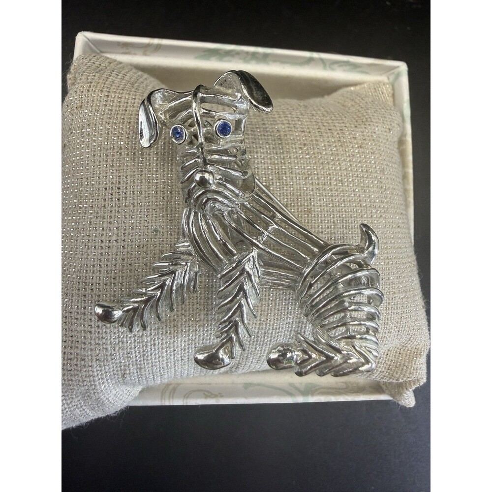 Vintage Gerryโs Silver Tone Wire Schnauzer Terrier Dog Blue Rhinestone Brooch